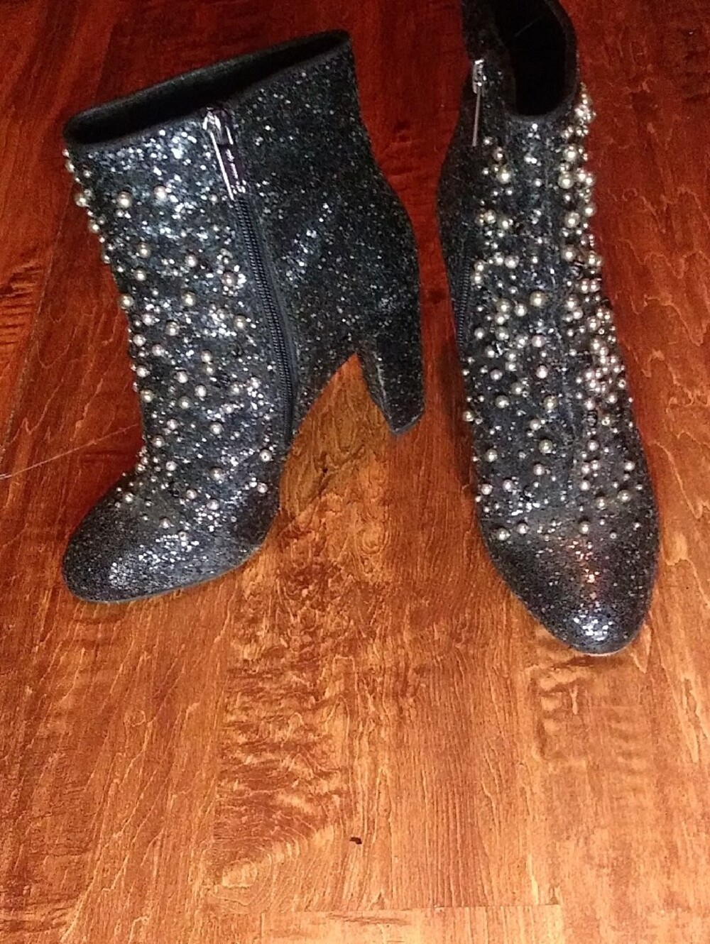 Jessica Simpson Black Glitter Pearl-Stud Ankle Boots